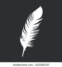 Silueta blanca de una pluma vectorial aislada en fondo gris, icono plano vectorial de plumas de aves.