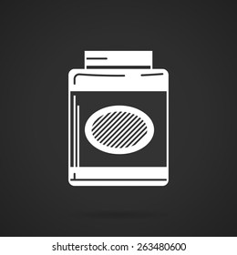 White silhouette vector icon for gainer, sport supplements for gain muscle mass on black background.