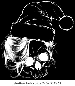 white silhouette of vector illustration Christmas skull on black background