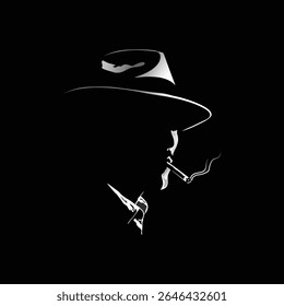branco silhueta vetor de um homem em chapéu fedora fumando isolado no preto