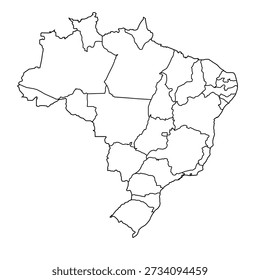 White silhouette vector map of Brazil with regional borders, layered structure, and editable strokes. Scalable EPS vector suitable for geography, cartography, education, travel, infographic, and graphic design projects. Fully editable in vector software.