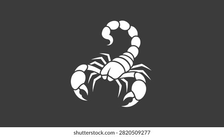 White silhouette of a venomous scorpion with large claws and a raised stinger on a solid dark grey background.
