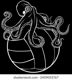 white silhouette of Volleyball ball with octopus on black background