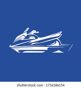 White silhouette of a water bike on blue background. Active sport lifestyle. Summer fun on the water. Vector element for logos, icons, identity and your design.