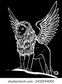 white silhouette of Winged Lion on black background vector design