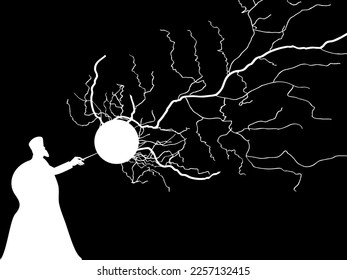 White silhouette of a wizard with a magic wand releases lightning. Magician with a magic wand in his hand. Design for banners, posters and promotional items. Vector illustration