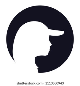 White silhouette woman of in cap side view on black circle. Modern flat cartoons style vector illustration icons. Isolated on white background.Woman in cap.Sport logo for company, store, user, avatar