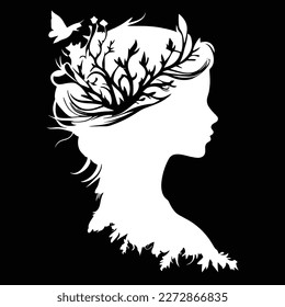 White Silhouette of woman face or head side view. Elegant female character with hairdo, royal person decal, clipart or wall sticker. Young queen, bride or lady wear tiara or crown vector portrait