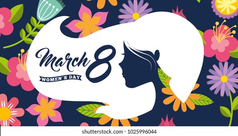 white silhouette woman head hair womens day 8 march floral background