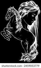 white silhouette of Woman and horse. Young woman caressing a horse. Beauty with horse on black background