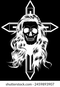 white silhouette of woman human skull with long hair on roman cross on black background. vector illustration design hand draw