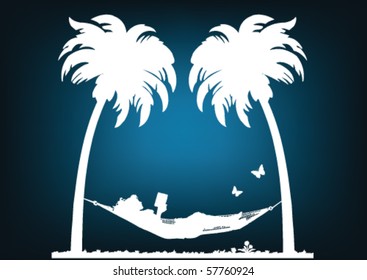 White silhouette of a woman reading in a hammock