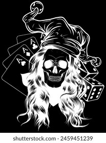 white silhouette of woman Skull in jester hat vector illustration on black background