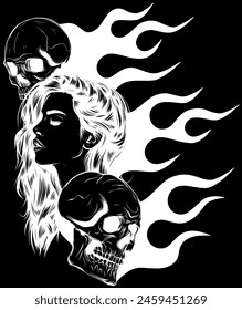 white silhouette of woman with skull on flames vector illustration.
