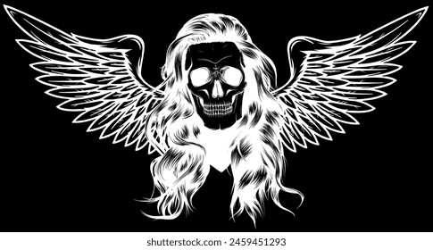 white silhouette of woman skull with wings vector illustration