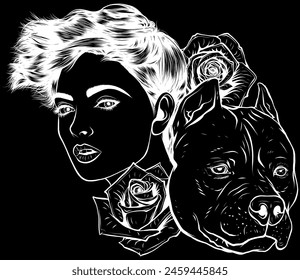 white silhouette of women head with pit bull head and roses. vector illustration design on black background digital hand draw