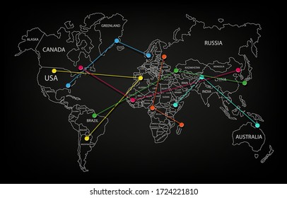 Silueta blanca del mapa mundial dividido en países. Mapa con botones de color.
Países y continentes. Vector de material.