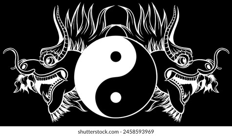 white silhouette of Yin Yang and head Chinese dragon on black background vector illustration