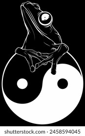 white silhouette of Ying yang symbol under the frog on black background