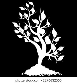 White silhouette of young shoot of tree with leaves in heap of soil isolated on black background. Vector design element.