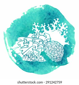 White silhouettes of 3 different stony corals cut through with outline isolated on top of the traced green watercolor blot. EPS10 vector illustration.