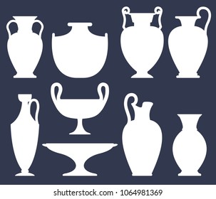 White silhouettes of ancient vases on dark background, set of different types of ceramic vases, vector