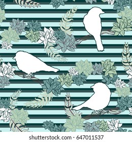 White silhouettes of birds in the flowers on the stripe background. Seamless bird pattern in mint colors