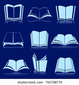White silhouettes of books. Number nine pieces. Vector. On a blue background with reflection.