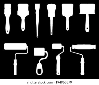 White  silhouettes of brushes and rollers on a black background, vector