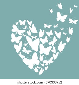 White silhouettes of butterflies in the shape of heart. Vector illustration on turquoise background