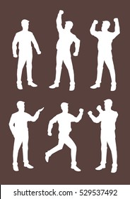 White silhouettes of cartoon business professionals in variety of body languages and expressive gestures for different expressions. Vector illustration isolated on plain brown background. 