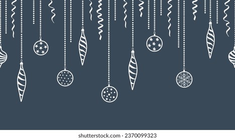 White silhouettes of Christmas tree decorations on dark blue background. Seamless holiday border. Ornaments and serpentine. Vector illustration