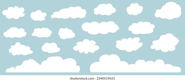 White silhouettes of clouds on blue background. Set of cloud shapes, smoke or fog in the sky. Many vector objects with cloudy weather.