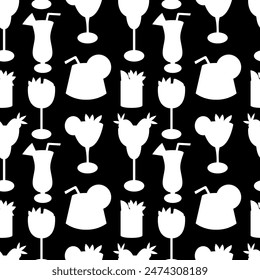 White silhouettes of cocktails in glasses vector seamless pattern. Summer alcoholic beach party drinks on black background