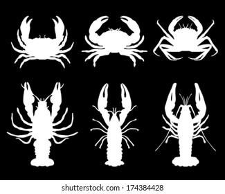 White silhouettes of crawfish and crab on black background, vector