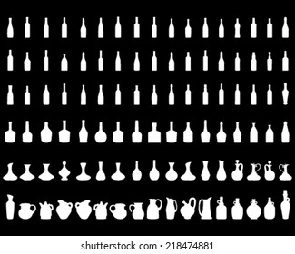 White silhouettes of different bottles and bowls, vector