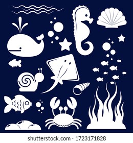 White silhouettes of different sea animals and marine objects isolated on dark white. Vector illustration.