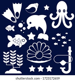 
White silhouettes of different sea animals, fish and marine objects isolated on dark white. Vector illustration.
