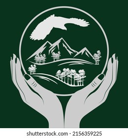 White silhouettes of an eagle, trees and mountains on a green background in the hands of a woman. World Environment Day. Save the Nature. Vector illustration