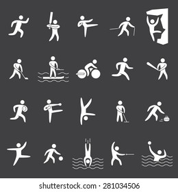 White silhouettes figures of athletes popular sports. Icons running, cricket, hockey, baseball, rugby, kickboxing, acrobatics, dance, basketball and other.