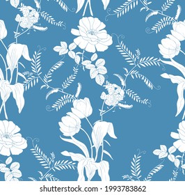 Siluetas blancas de flores sobre un fondo azul. Patrón vectorial sin cable.