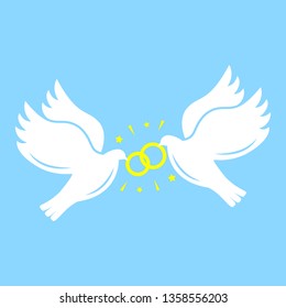 White silhouettes of  flying doves with wedding rings on blue background. Love concept. Simple flat vector icon.