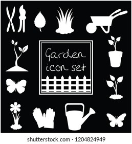 White silhouettes of garden icons set isolated on black background. Vector illustrations, icons, signs, templates for design.