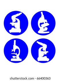 White silhouettes of microscopes in dark blue circles on a white background
