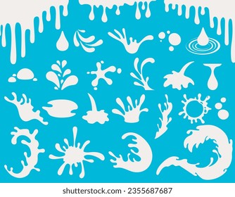 Silhouettes blanches de éclaboussures de lait, vagues, gouttes d'eau. Des éclaboussures de yaourt et du spray à la crème, des gouttelettes de chute, la collecte de taches de peinture. Courant ou dégoulinant un produit laitier.