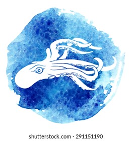 White silhouettes of octopus cut through with outline isolated on top of the traced dark blue watercolor blot. EPS10 vector illustration.