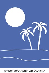 White Silhouettes of palm trees and the sun on a blue background. vector illustration