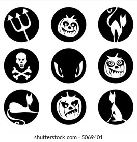 White silhouettes of pumpkins, cats, skull, trident and eyes on a black background. Symbols of a Halloween.