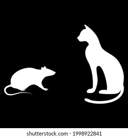 White silhouettes of a rat and a cat on a black background. A cat and a rat are sitting opposite. Side view. Flat illustration.