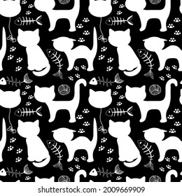 White silhouettes seamless pattern. White cats, skeleton, eaten fish, bow and ball toy. Vector in flat style. White cats in different poses. Suitable for textiles and packaging.